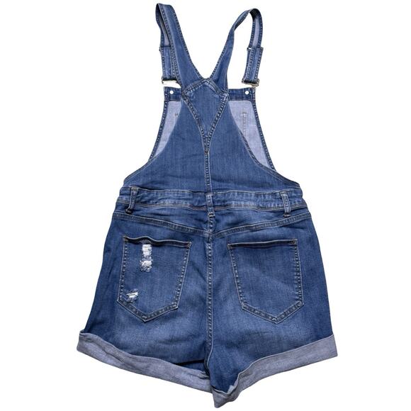 RUE 21 Women's Distressed Stretch Denim Blue Jean Shortalls Size 16 Strappy - Picture 3 of 3